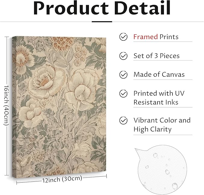 Vintage Flower Wall Art Decor Beige Floral Canvas Wall Art Botanical Rustic Pictures Prints Farmhouse Antique Painting Vintage Flower Poster for Living Room Bedroom 12x16 Inch Wrapped Canvas Set of 3