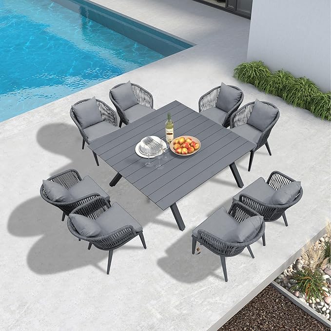 PURPLE LEAF 9 Pieces Outdoor Metal Furniture Set Patio Conversation Sets Dining Set, 1 Square Dining Table and 8 Modern Chairs with Cushions Seat Grey