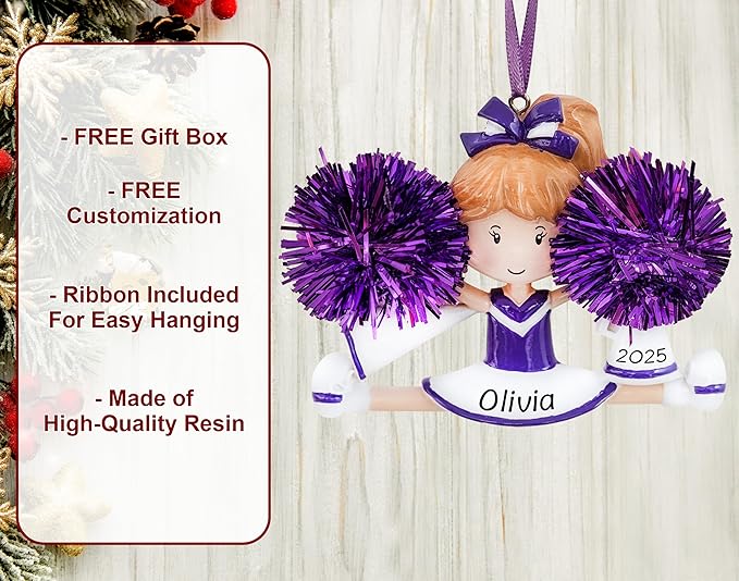 Personalized Cheerleader Christmas Ornament 2025 | Cheer Girl Dancer Cheerleading with Purple Pompom Ornament for Christmas Tree | Pom Pom Dance Gift