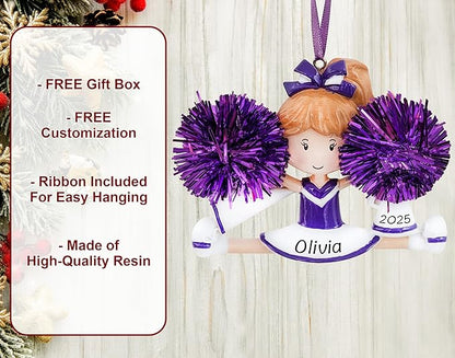 Personalized Cheerleader Christmas Ornament 2025 | Cheer Girl Dancer Cheerleading with Purple Pompom Ornament for Christmas Tree | Pom Pom Dance Gift