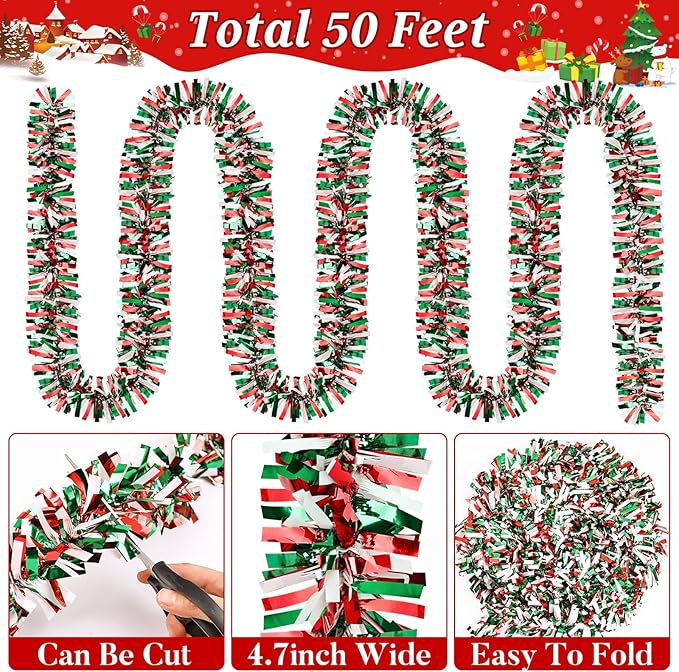 50Ft Christmas Tinsel Garland Red Green and White Xmas Tree Decorations Metallic Glitter Twist Garland for Christmas Decorations Anniversary Birthday Wedding Holiday Supplies Indoor Outdoor Supplies