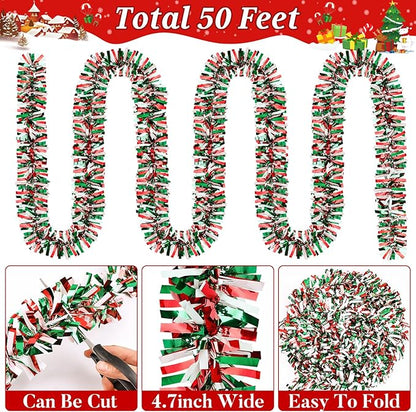 50Ft Christmas Tinsel Garland Red Green and White Xmas Tree Decorations Metallic Glitter Twist Garland for Christmas Decorations Anniversary Birthday Wedding Holiday Supplies Indoor Outdoor Supplies