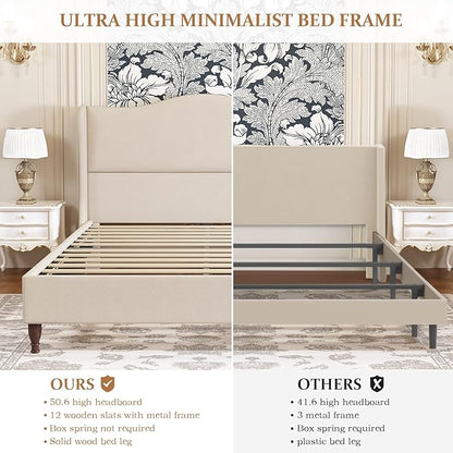Full Size Bed Frame Upholstered Platform Bed with 51" Tall Headboard Wingback, Soft Fabric, Retro Simple Style Platform Bed No Box Spring Needed, Easy Assembly, Beige