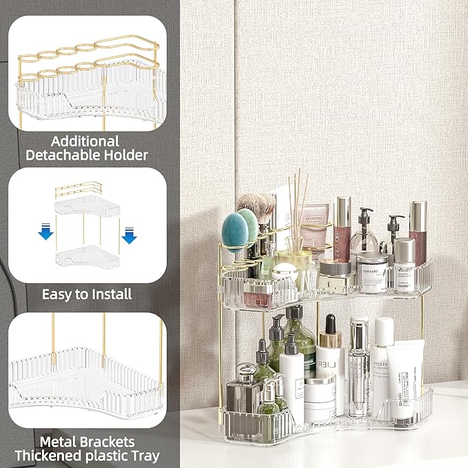 Makeup Organizer Countertop 2 Tier, Corner Bathroom Countertop Organizer with Toothbrush and Makeup Brush Holder, Corner Vanity Skincare Organization