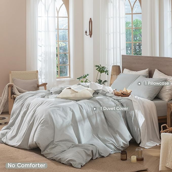 MooMee Striped Duvet Cover Set 100% Washed Cotton Linen Like Textured Breathable Durable Soft Comfy (Heathered Green Pinstripes, Twin 68"x90")