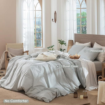 MooMee Striped Duvet Cover Set 100% Washed Cotton Linen Like Textured Breathable Durable Soft Comfy (Heathered Green Pinstripes, Twin 68"x90")