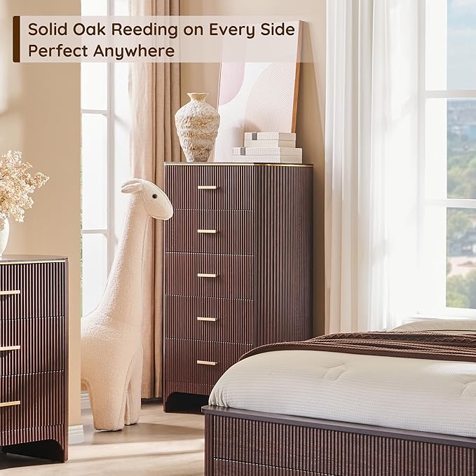 Fluted 5 Drawer Tall Dresser with Curved Profile,47.8" Tall Drawers with Reeded Texture,Gold Handles Storage Organizer Cabinet for Bedroom,Living Room,Entryway,Brown Oak