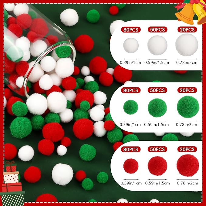 UPINS 600 Pcs Christmas Pom Poms Balls, Red Green White Craft Pompoms Fluffy Balls for Christmas Party DIY Creative Decorations Supplies（3Size）