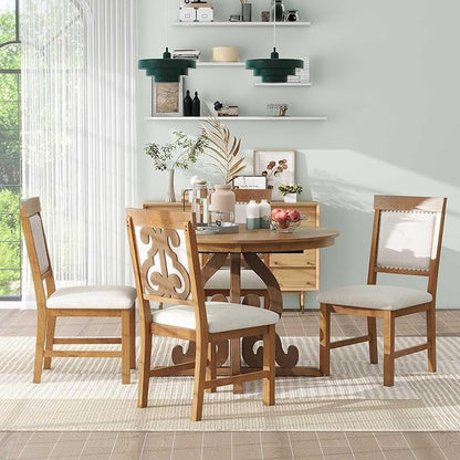 Merax Round Solid Wood Dining Table Set for 4, Farmhouse Kitchen Table Set with 4 Upholstered Chairs, 5-Piece Table and Chairs Set for Kitchen, Dining Room, Living Room, Walnut