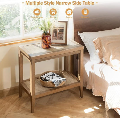 SICOTAS Boho Rattan Nightstand Bedside Table Farmhouse Narrow End Table Accent Side Table, Wood