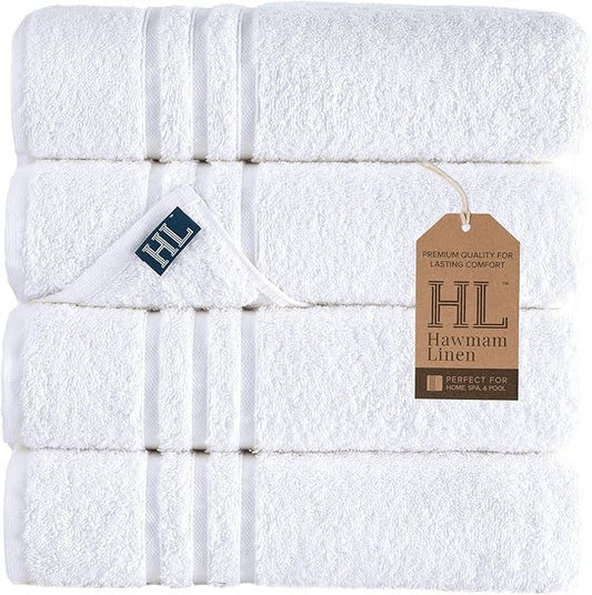 Hawmam Linen Bath Towels 4 Pack 100% Turkish Cotton Soft Lightweight and Highly Absorbent Quick Drying Towels, White
