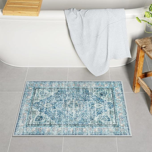 Uphome Light Blue Bathroom Rugs, Distressed Farmhouse Boho Bath Mat, Comfy Velvet Small Bath Rugs Non Slip Washable, Vintage Oriental Toilet Rug for Sink Shower Vanity, 18x26 inch