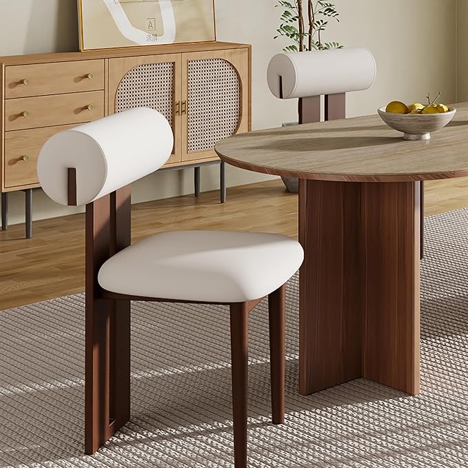 2PCS Modern Dining Chairs – White PU Leather Upholstered Dining Room Chair, Mid Century Kitchen Side Chairs with Brown Solid Wood Legs – No Assembly Required