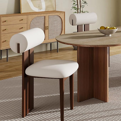 2PCS Modern Dining Chairs – White PU Leather Upholstered Dining Room Chair, Mid Century Kitchen Side Chairs with Brown Solid Wood Legs – No Assembly Required