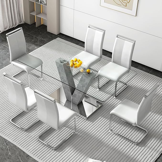 71" Glass Dining Table Set for 6, Kitchen Table and 6 PU Leather Chairs, Dining Table Set Ideal for Living Room
