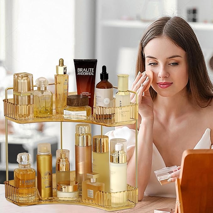 Corner Bathroom Counter Organizer Bathroom Countertop Shelf Makeup Organizer for Vanity Perfume Corner Storage (2 Tiers, Gold)