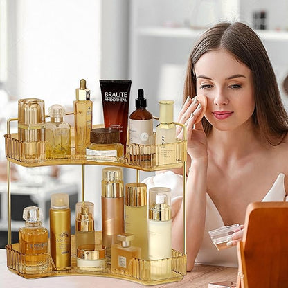 Corner Bathroom Counter Organizer Bathroom Countertop Shelf Makeup Organizer for Vanity Perfume Corner Storage (2 Tiers, Gold)