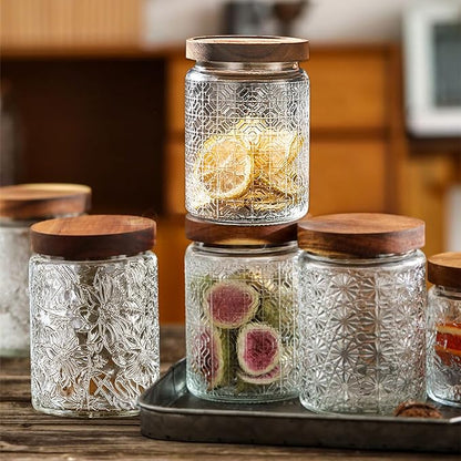 Vintage Glass Jars with Wooden Lids, 24 oz Airtight Glass Food Storage Containers Sets for the Kitchen, Sugar Coffee Tea Cookie Candy Spice Pasta
