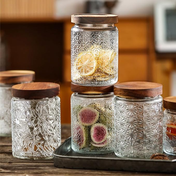 Vintage Glass Jars with Wooden Lids, 2 Pack 24 oz Airtight Glass Food Storage Containers Sets for the Kitchen, Sugar Coffee Candy Spice Cookie Tea Pasta