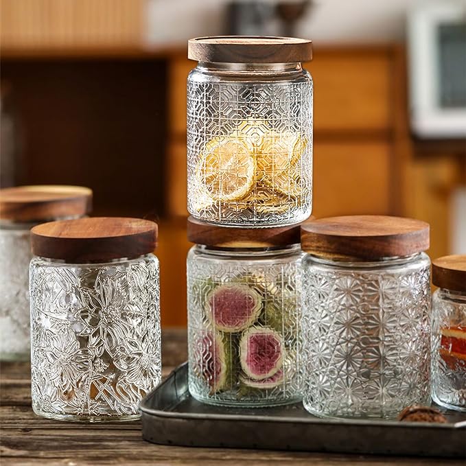 Vintage Glass Jars with Wooden Lids, 6 Pack 24 oz Airtight Glass Food Storage Containers Sets for the Kitchen, Sugar Coffee Candy Spice Cookie Tea Pasta