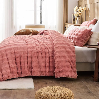 Lotus Karen Faux Fur Queen Comforter Set – Pink Fluffy Comforter Queen Size, Big Bubble Faux Rabbit Fur Bedding Comforter Sets, Winter Warm Cozy Fuzzy Bed Set 3 Pieces, 1 Comforter and 2 Pillowcases