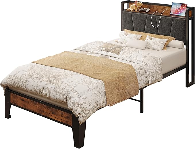 LIKIMIO Twin XL Bed Frames, Storage Headboard with Charging Station, Solid and Stable, Noise Free, No Box Spring Needed, Easy Assembly