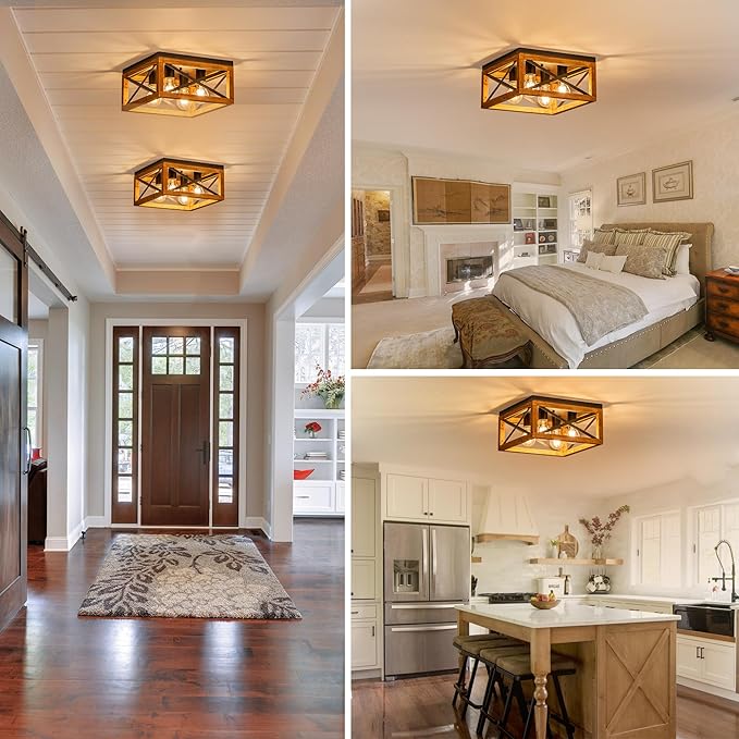 Farmhouse Ceiling Light, 4-Light Flush Mount Ceiling Light with Black Metal and Wood, Rustic Light Fixture for Hallway, Entryway, Kitchen