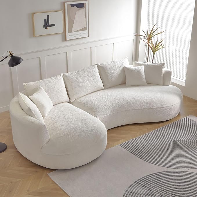 125'' Modern Curved Cloud Sofa Luxury Living Room 5 Seater Combo Sofa Cloud Curve Design Mid Century Upholstered Sofa with Ottoman for Living Room Bedroom Apartment(Boucle+Left Facing, Beige)