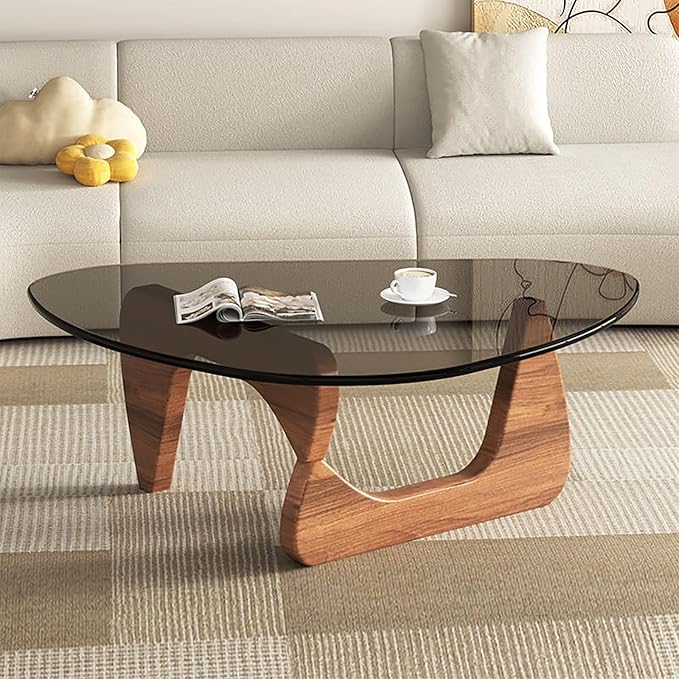 Mid Century Modern Glass Coffee Table, Small Coffee Table for Living Room, Elegant and Functional Coffee Tables Suitable for Bedroom Living Room Reception Office Tables（Walnut/Grey，Small）