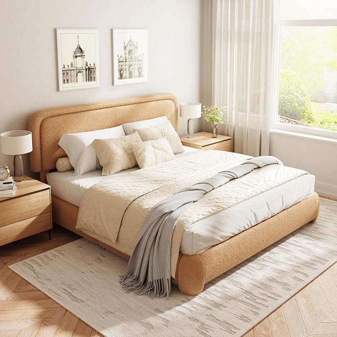 King Size Boucle Bed Frame, Cloud Upholstered Platform Bed with Height Adjustable Headboard & Soft Rounded Corners, Easy Assembly, No Box Spring Needed, Noise Free, Camel