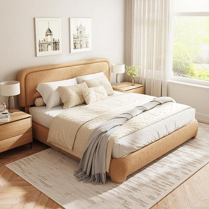 King Size Boucle Bed Frame, Cloud Upholstered Platform Bed with Height Adjustable Headboard & Soft Rounded Corners, Easy Assembly, No Box Spring Needed, Noise Free, Camel