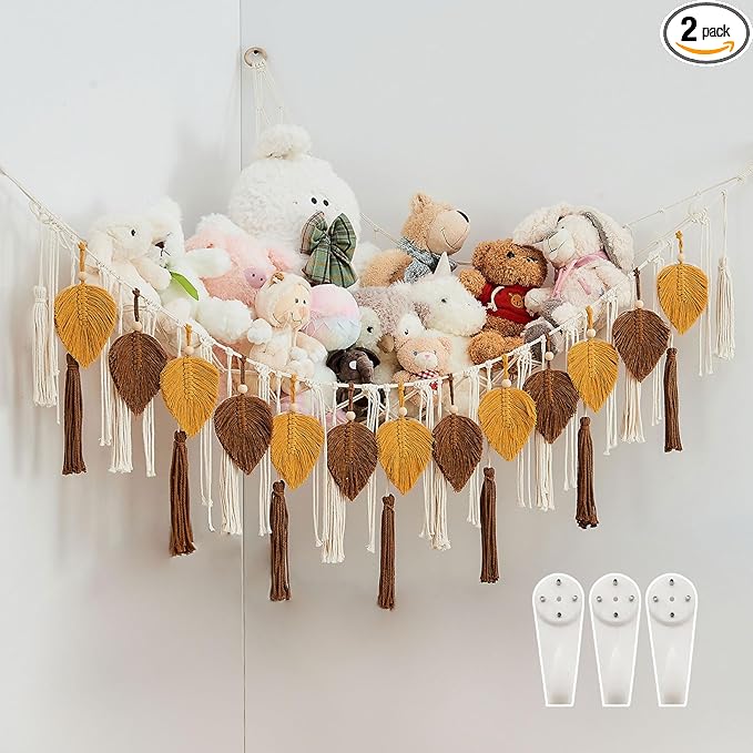 Pretty Jolly Stuffed Animal Storage with Hand Woven Leaf Tassels Hammock Corner Hanging Net Boho Macrame Plush Storage for Kid Room Nursery Decor Wall Display for Girls Gift(Dark Yellow&Caramel)