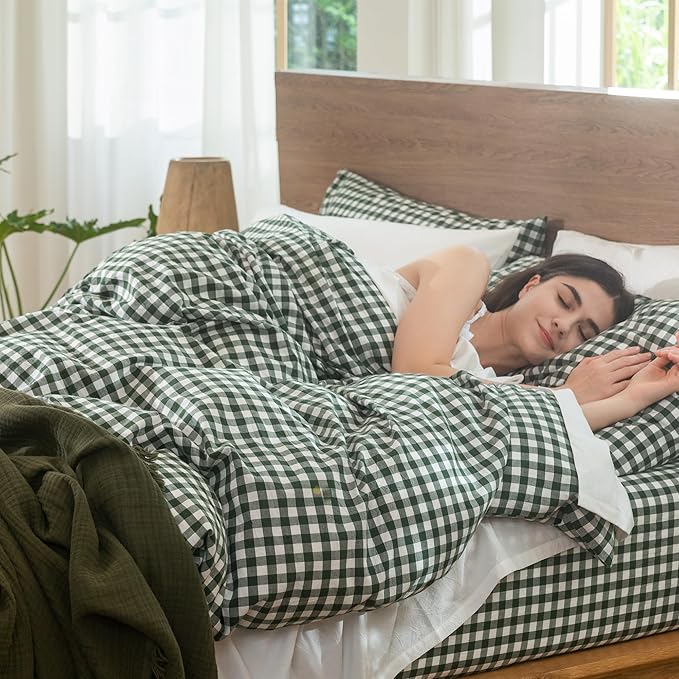 MooMee Gingham Duvet Cover Set 100% Washed Cotton Linen Like Textured Breathable Durable Soft Comfy Modern Checkered Design (Forest Green Gingham, King 104"x90")