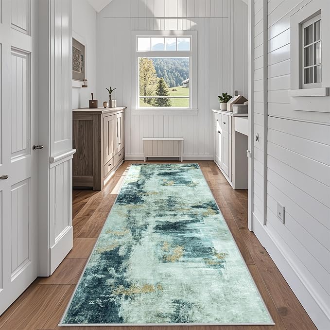 Runner Rug for Hallways Kitchen 2'6"x8' Washable Non Slip: Carpet Non Skid 8ft Entryway Rubber Backed 8 Feet Neutral Abstract Modern Rug Low Pile Pet Friendly Indoor Teal Grey Gold