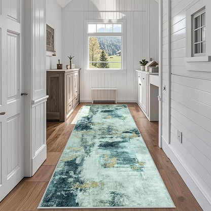 Runner Rug for Hallways Kitchen 2'6"x8' Washable Non Slip: Carpet Non Skid 8ft Entryway Rubber Backed 8 Feet Neutral Abstract Modern Rug Low Pile Pet Friendly Indoor Teal Grey Gold