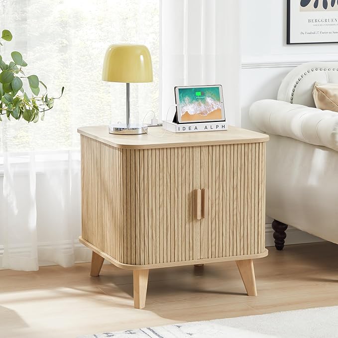 End Table with Charging Station, 24" Fluted Night Stands with Sliding Door, Farmhouse Large Wooden Side Table with Storage for Bedroom Living (Square, Natural)