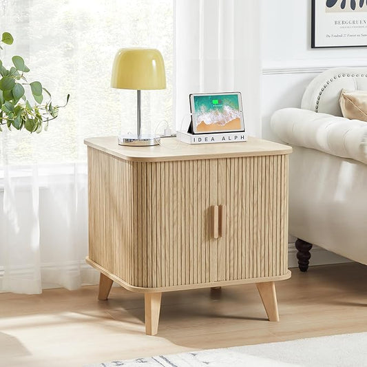 End Table with Charging Station, 24" Fluted Night Stands with Sliding Door, Farmhouse Large Wooden Side Table with Storage for Bedroom Living (Square, Natural)