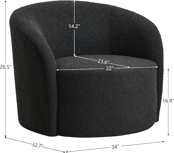 KINWELL 34" W Mid Century Modern Swivel Barrel Chair, Round Upholstered Boucle Swivel Accent Chairs, No Assembly Chair for Living Room Bedroom Reading Apartment Lounge Nursery(Black)