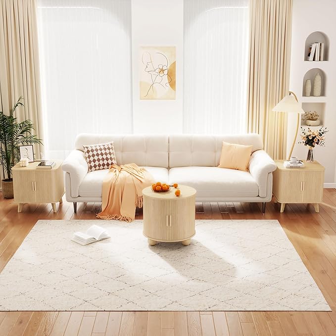 Nightstands Set of 2, 24 Inch Mid-Century Fluted EndTable with Charging Station, Farmhouse Wood Side Table with Storage & Sliding Door (2XSquare, Natural)