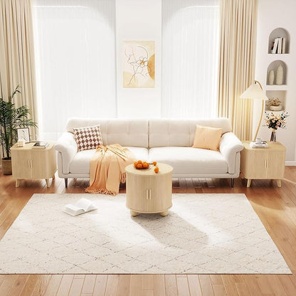 Nightstands Set of 2, 24 Inch Mid-Century Fluted EndTable with Charging Station, Farmhouse Wood Side Table with Storage & Sliding Door (2XSquare, Natural)