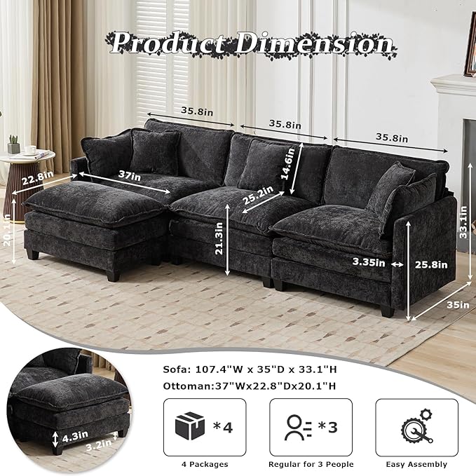 SoarFlash 107.4" Chenille Sectional Sofa, Comfy L Shaped Modular Coush Sofa with Ottoman, Modern 4 Seat Couch Deep Seat Sofa Set for Living Room,Black