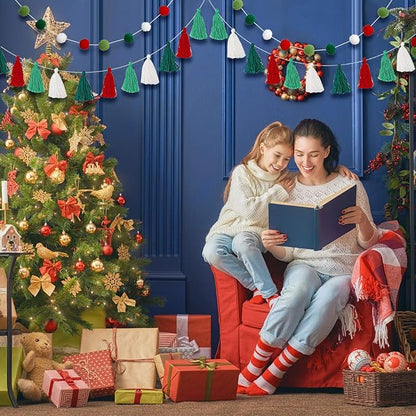 Syhood 4 Pcs Christmas Pom Pom Tassel Garland Felt Pompom Ball Banner Christmas Tassel Garland for Xmas Tree Hanging Decorations Party Supplies Home Decor(Red Green White)