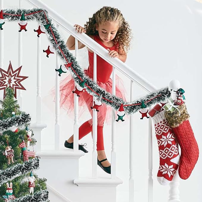 50Ft Christmas Tinsel Garland - Green White Shiny Metallic Twist Decor for Christmas Tree Home Stairs Railing Front Door Mantle Fireplace Indoor Outdoor Holiday Party