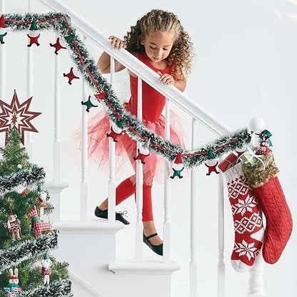 50Ft Christmas Tinsel Garland - Green White Shiny Metallic Twist Decor for Christmas Tree Home Stairs Railing Front Door Mantle Fireplace Indoor Outdoor Holiday Party