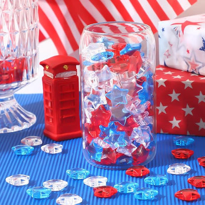 120 Pcs Patriotic Acrylic Star Translucent Crystals Gems Independence Day Memorial Day Veterans Day Remembrance Day 3D Star Shaped Gems for Vase Filler Ice Rocks,Table Scatter, Party Wedding