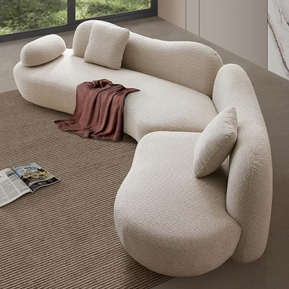 128" Luxury Curved Sectional Sofa with Ottoman, 6-Seater Boucle Couch Cloud Like Modular Sofa, Curved Sofas for Living Room, Luxury Couches with Butterfly Backrest Pillows (Beige)