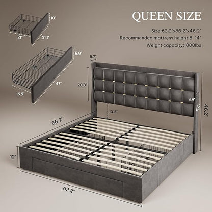 DWVO Queen Size Bed RGB LED Lights, Velvet Upholstered Platform Bed, Grey