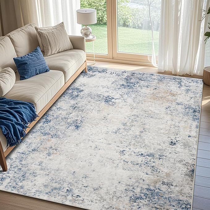 Washable Rugs 8x10 Area Rugs for Living Room,Modern Abstract Rugs for Bedroom,Large Carpets,Ultra Soft Faux Wool Retro Dining Room Rug,Non Slip&Non-Shedding Low Pile Print Rug- Blue Beige