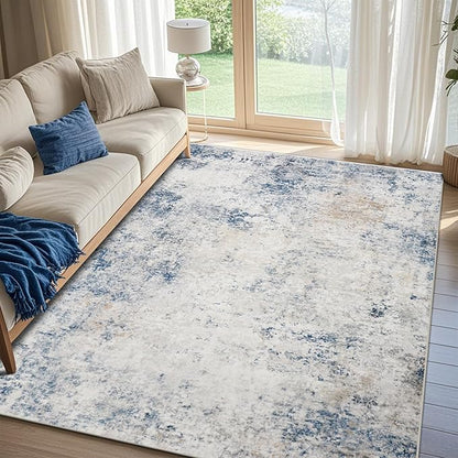 Washable Rugs 8x10 Area Rugs for Living Room,Modern Abstract Rugs for Bedroom,Large Carpets,Ultra Soft Faux Wool Retro Dining Room Rug,Non Slip&Non-Shedding Low Pile Print Rug- Blue Beige