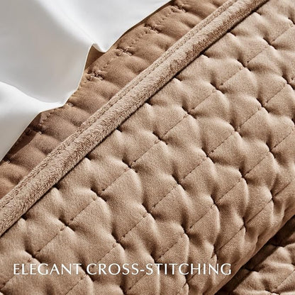 EVERGRACE Luxury Velvet Quilt Set Queen Size 3 Piece, Soft Cross-Stitch Velvet Comforter Set with Pillow Shams, Lightweight Coverlet Bedspread Bedding Set for All Seasons, Tobacco Brown